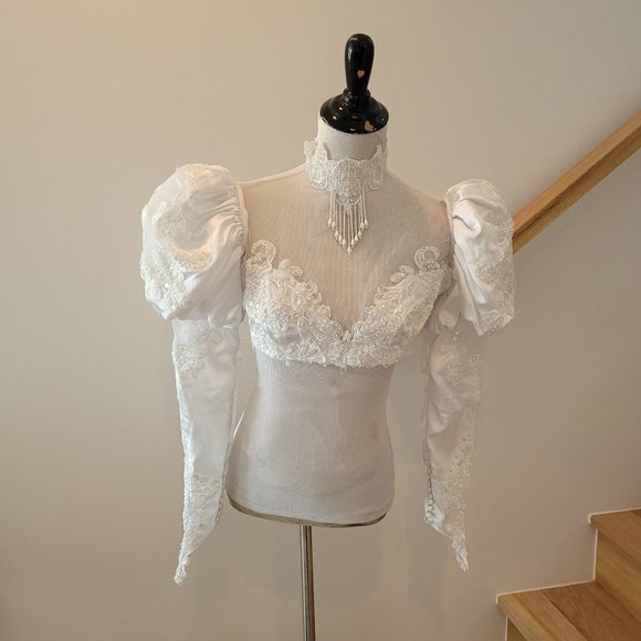 Upcycled Rave Pearl Sequins Puffy Sleeve Cardigan Corset Top Shirt Long Sleeve S - Picture 2 of 5